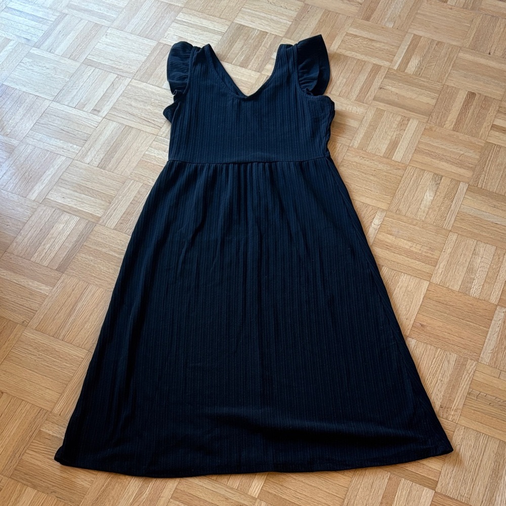 Black V-Neck Dress with Ruffle Sleeves